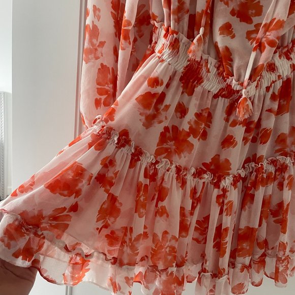 Misa Los Angeles Lorena Blouson Mini Dress Medium Orange Floral Print V-neck - Picture 7 of 13